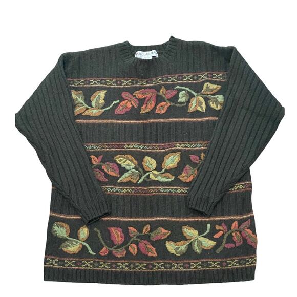 JH Collectibles Wool Blend Olive embroidered crewneck with leaf motif VTG Large - Picture 13 of 13